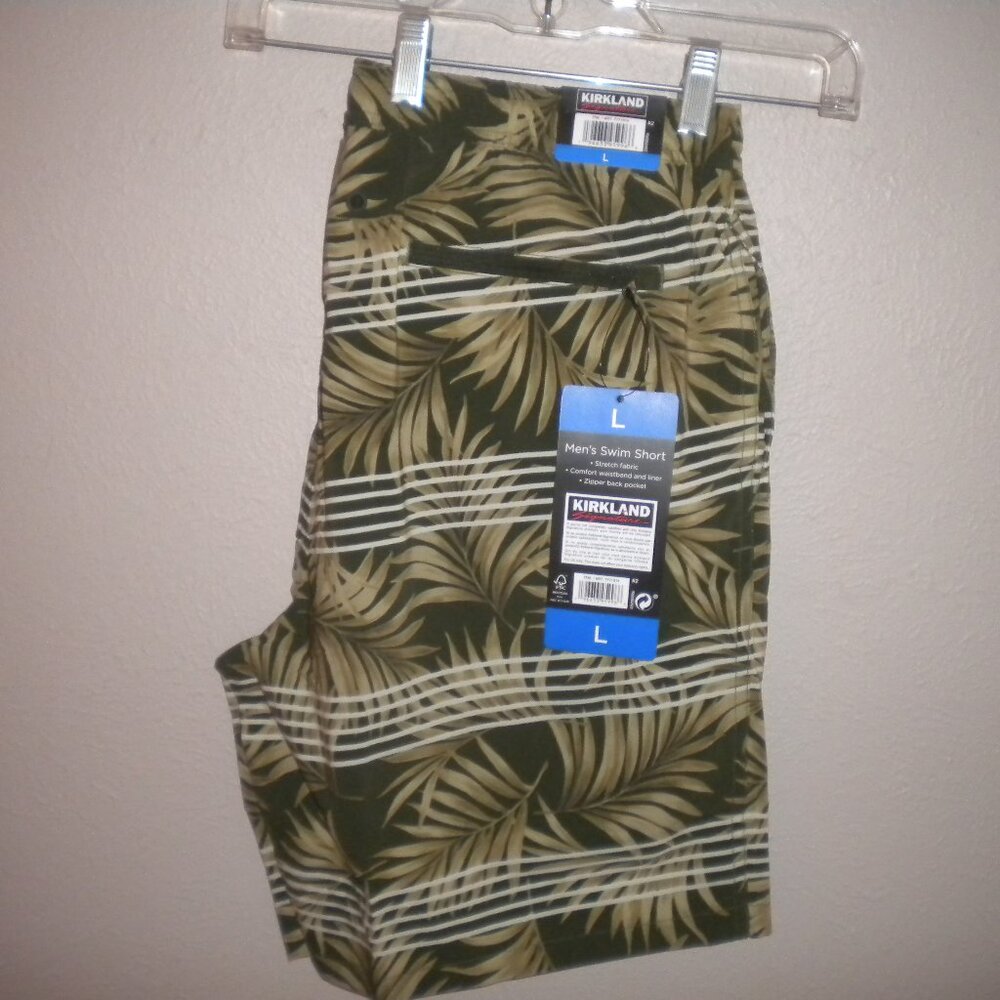 Kirkland Signature Men's Size Large Olive Comfort Waistband & Liner Swim Shorts - Picture 2 of 5